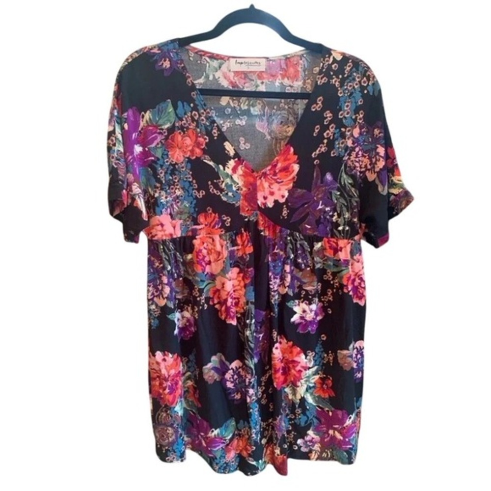 Impressions Floral Print Mini Dress V-Neck Short Sleeve Boho Summer Tunic Size S